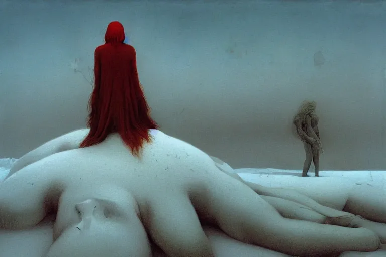 Image similar to a surrealist painting of a lonely woman with pale skin and red hair, standing over pile of bodies in post apocalyptic snowy landscape, painted by zdzisław beksinski