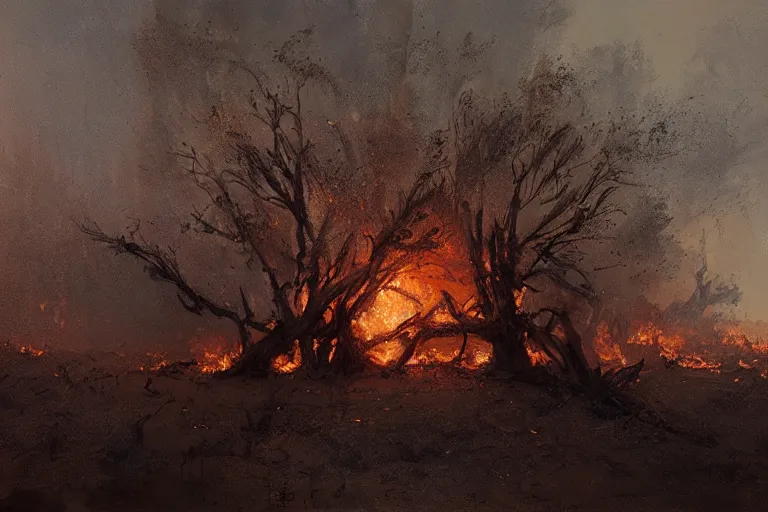 Image similar to matte painting of a burning tree in the desert, by jeremy mann and greg rutkowski, intricate cinematic light, oil on canvas