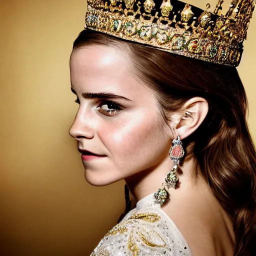 Image similar to emma watson as queen, big crown adorned with emerald, diamonds, topaz and other jewellaries, sensual, beautiful soft light failling on her face, studio photography, nikon 3 5 mm portrait photography, ultra realistic