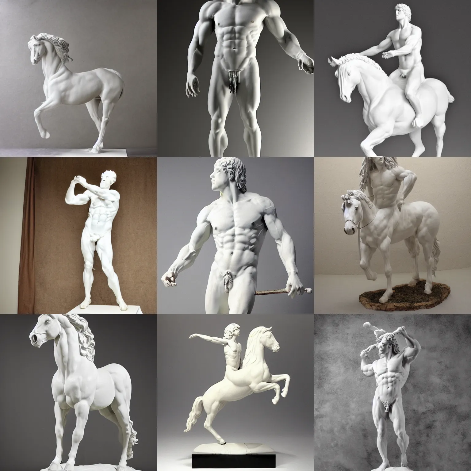 Prompt: studio photo of a white greek statue of a centaur!!! centaur centaur, human horse chimera, human torso horse body, taur, centaur, chiron