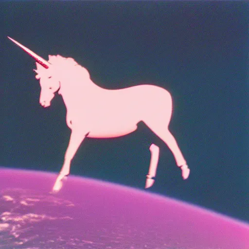 Prompt: andy warhol riding a pink unicorn in space, cinestill 8 0 0 t, award winning photograph