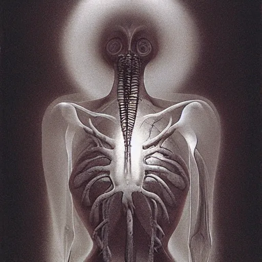 Prompt: an x ray of a strange creature in a woman's lungs by zdzisław beksinski