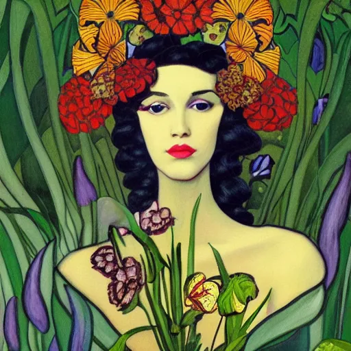 Prompt: a painting of a woman with flowers in her hair, an art deco painting by leo and diane dillon, behance contest winner, art nouveau, pre - raphaelite, made of flowers, wiccan