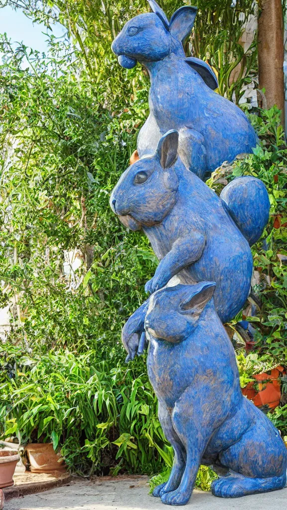Image similar to a detailed huge rabbit statue beside a big blue persian pot by rafael