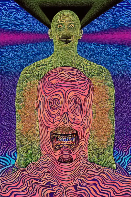 Image similar to man eats a tab of LSD acid on his tongue and dreams psychedelic hallucinations, screenprint by kawase hasui, alex grey and dan hillier, colorful flat surreal design, hd, 8k, artstation