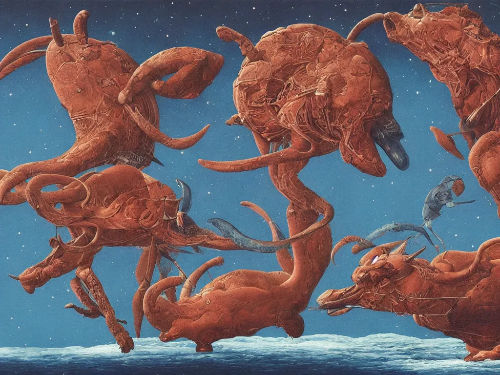 Image similar to Animals on Neptune a million years ago. Painting by Walton Ford, Moebius.