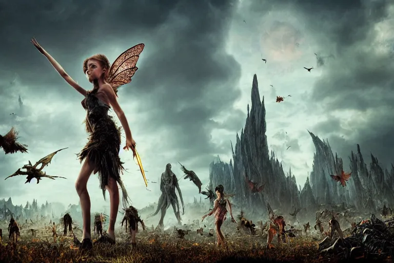 Image similar to A Lone beautiful fairy girl, with tattered wings and torn clothes ,fights off a hoard of undead monsters and zombies with an uzi, standing on a pile of bones, hyper realistic, octane render, cinematic, golden ratio, curved lines, the dark tower, dramatic lighting shadows, detailed illustration, 8k, intricate details, oil painting, 3d scene, render, ultra realistic, zenith view, Greg Rutkowski, artstation, cgsociety, level design, unreal engine, 3d scene, render, ultra realistic, zenith view, Enki Bilal style