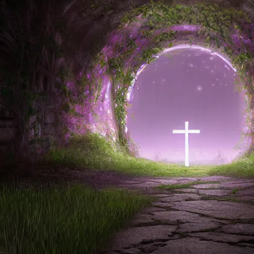 Prompt: a christian cross as the light at the end of the tunnel, with pale purple and pale pink lighting, with a few vines and overgrowth, studio ghibli, cinematic, realistic painting, high definition, digital art, symmetrical, very detailed, extremely high detail, photo realistic, concept art, unreal engine 5,