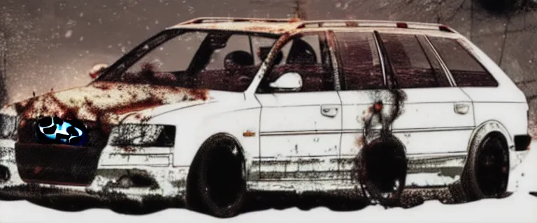 Image similar to Audi A4 B6 Avant (2002), a gritty neo-noir, dramatic lighting, cinematic, eerie person, death, homicide, homicide in the snow, viscera splattered all over the car, gunshots, establishing shot, extremely high detail, photorealistic, red mist, arson, burning city, cinematic lighting, artstation, by simon stalenhag, Max Payne (PC) (2001) winter New York at night, In the style of Max Payne 1 graphic novel, flashing lights, Poets of the Fall - Late Goodbye