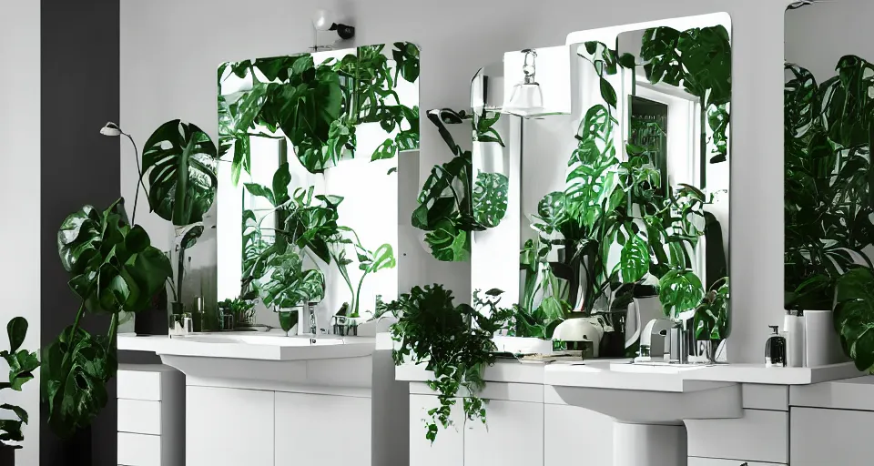 Image similar to IKEA catalogue photo of a cyberpunk bathroom, mirrors, steamed up, monstera plants, overgrown, vines, by Paul Lehr