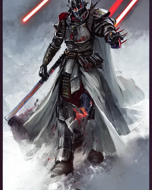 Image similar to an anime portait shogun knight with a lightsaber halberd, dark metal armor, and a tattered cape, by stanley artgerm lau, wlop, rossdraws, james jean, andrei riabovitchev, marc simonetti, and sakimichan, trending on artstation