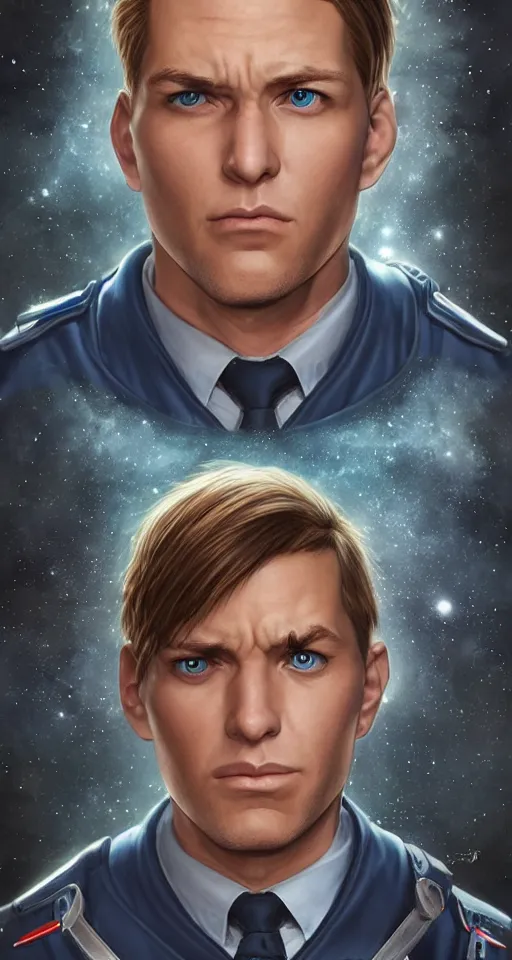 Image similar to portrait of tall, tired 3 3 - year - old handsome man with short darkblonde hair, blue eyes, wearing science fiction uniform, hyper realistic face, beautiful eyes, character art, art by mark brooks, hyperdetailed, cryengine, trending on artstation, digital art