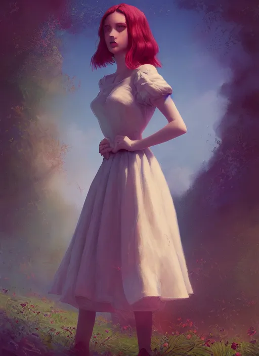 Prompt: alice wonderland detailed dress, half body shot, arms down, path traced, highly detailed, high quality, digital painting, alena aenami, arnold bocklin, tom bagshaw