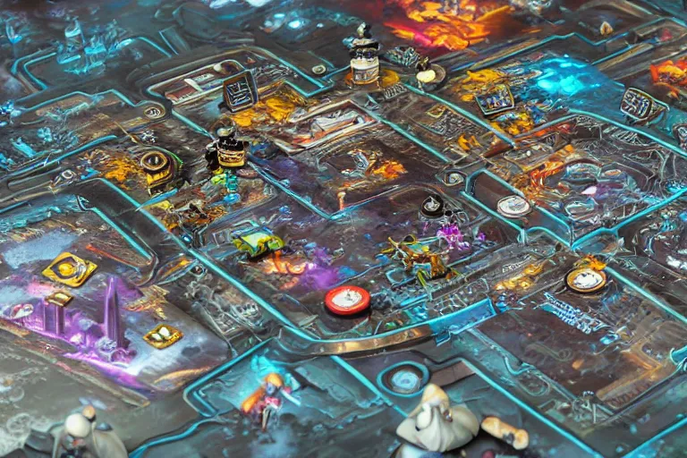 Image similar to an intricate 3D cyberpunk board game with figurines, cards and book around, beautiful illustrated map, photo realistic, artstation