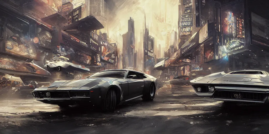 Image similar to full view of a car, intricate, elegant, highly detailed, digital painting, concept art, smooth, sharp focus, art style from Wang Ke and Greg Rutkowski and Bruce Kaiser and Scott Robertson and Dmitry Mazurkevich and Doruk Erdem and Jon Sibal, small style cue from Blade Runner and Total Recall and Cyberpunk 2077