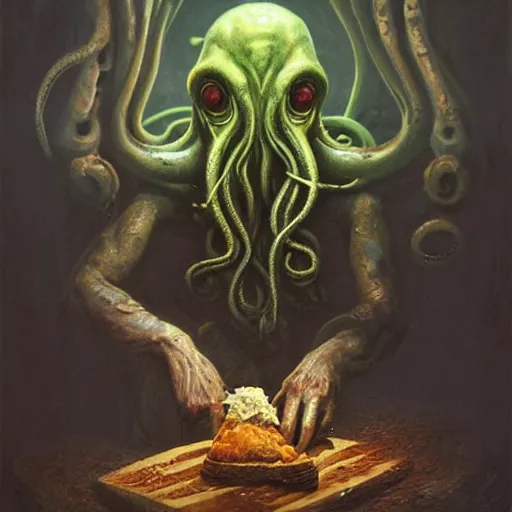 Image similar to Cthulhu eating toast, art by greg rutkowski and Zdzislaw Beksinski, good clear quality, lighting, horror, biology, symmetrical artwork, tentacles, Cthulhu Mythos, 135 mm, cinematic, hyper realism, high detail, octane render, 8k, chrome accents