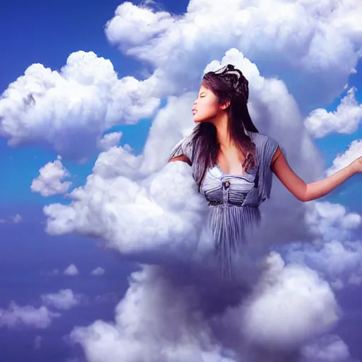 Image similar to goddess wearing a cloud fashion on the clouds, photoshop, colossal, creative, giant, digital art, photo manipulation, clouds, sky view from the airplane window, covered in clouds, girl clouds, on clouds, covered by clouds