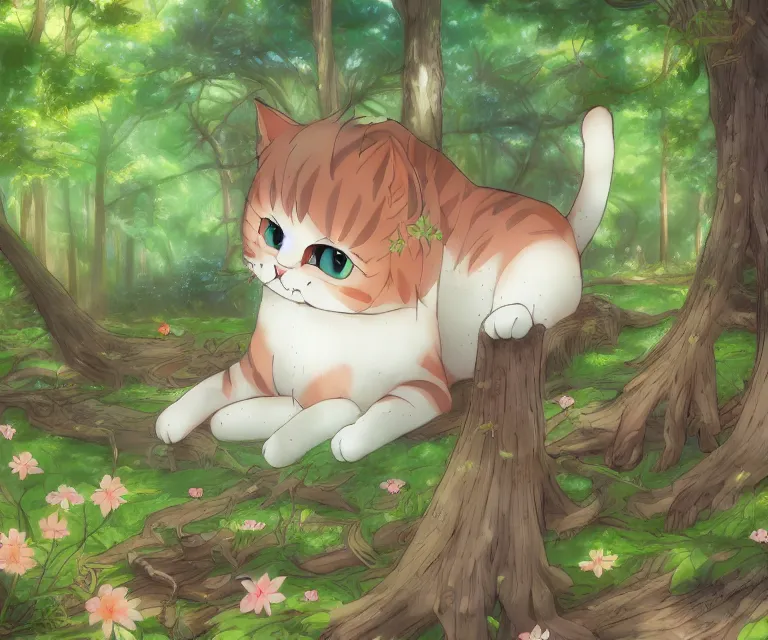 Image similar to kawaii cat in a forest, anime fantasy illustration by tomoyuki yamasaki, kyoto studio, madhouse, ufotable, comixwave films, trending on artstation