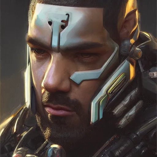 Image similar to drake as a realistic cyberpunk knight, closeup portrait art by donato giancola and greg rutkowski, realistic face, digital art, trending on artstation, symmetry!!