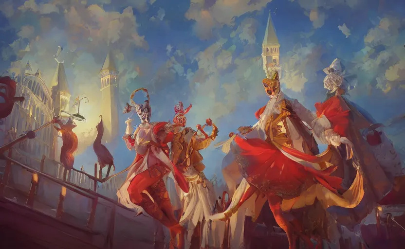 Prompt: the enchanted venice carnival dream with dancing masked people, behance hd artstation by jesper ejsing, by rhads, makoto shinkai and lois van baarle, ilya kuvshinov, ossdraws