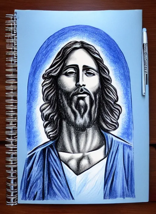 Image similar to painting of jesus drawn with blue pen on checkered notebook sheets,