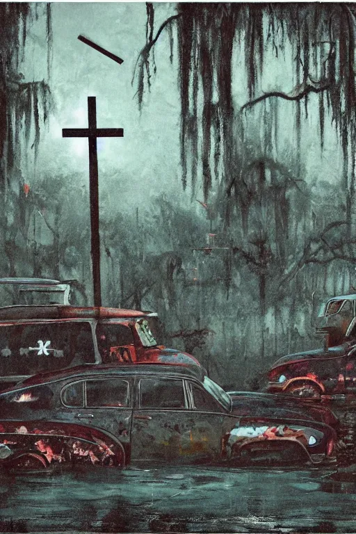 Image similar to scene fromlouisiana swamps, old protestant church with neon cross, junkyard by the road, boy scout troop, voodoo artwork by tim eitel