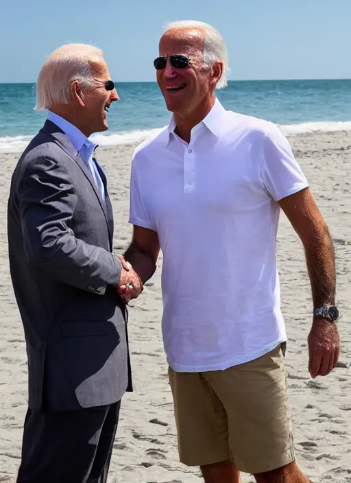 Image similar to photograph of Jeffery Epstein shaking hands with Joe Biden, real, taken with point and shoot camera, at beach. Smiling, holding ice cream, posing in front of ocean.