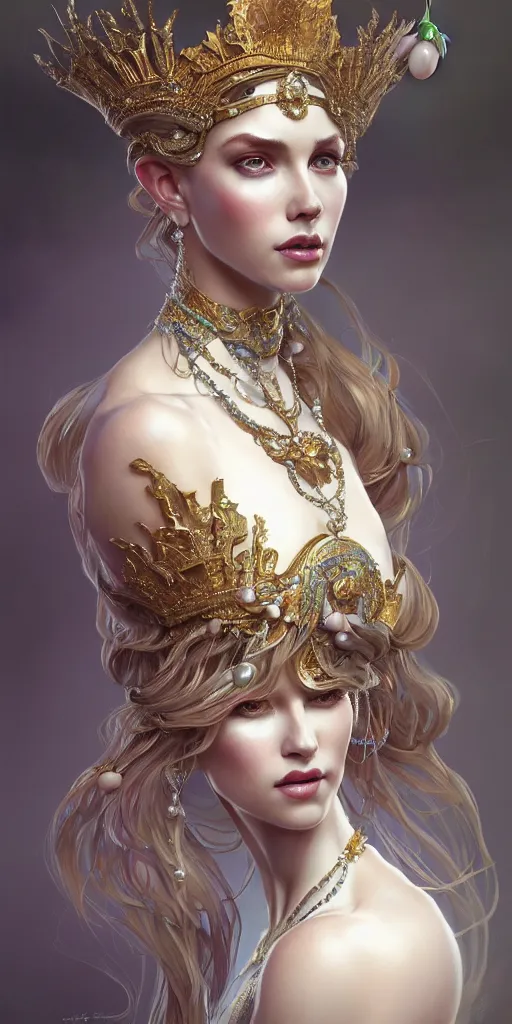 Image similar to a realistic liquid queen with a decorated dress made of white pearls , highly detailed, digital painting, Trending on artstation , HD quality, by artgerm and greg rutkowski and alphonse mucha, dramatic light, octane