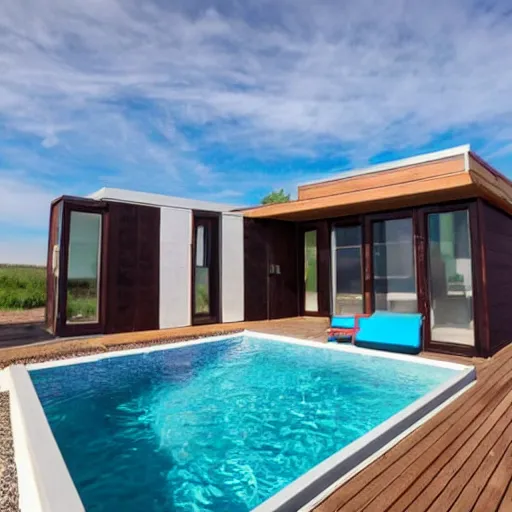 Prompt: a modern tiny home duplex with a pool in between