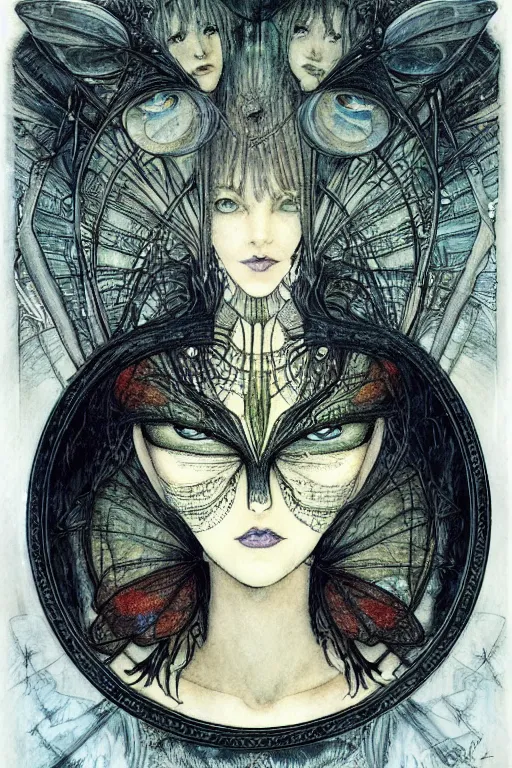 Image similar to dark fairy face closeup surrounded circular frame of insect wings, art by luis royo and walter crane and kay nielsen, watercolor illustration, ultra sharp focus