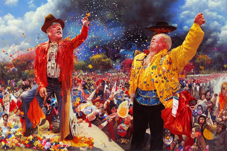 Image similar to portrait of rip taylor throwing confetti during a mexican funeral parade, an oil painting by ross tran and thomas kincade