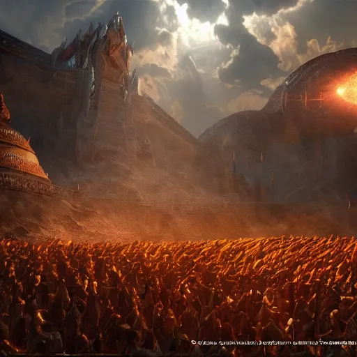 Image similar to scene from mahabharata with, cinematic, atmospheric, volumetric light, high octane render, backlight, 1 6 k, high definition render, unreal 5 engine, hyperrealism, in the style of ridley scott, hayao miyazaki, frank bairstow, james cameron, artgerm, marvel comics, steven spielberg, craig mullins