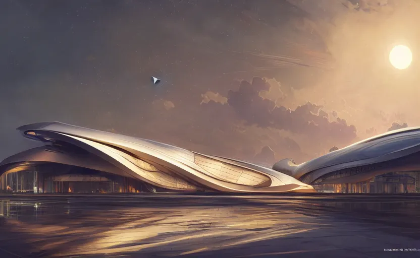 Image similar to exterior shot of utopian architecture building with cinematic lighting by zaha hadid and renzo piano, darek zabrocki and greg ruthkowski, alphonse mucha, simon stalenhag, cinematic, stars, beautiful, holy place, paradise, scifi, futurism, atmospheric, sunset, concept art, artstation, trending on artstation