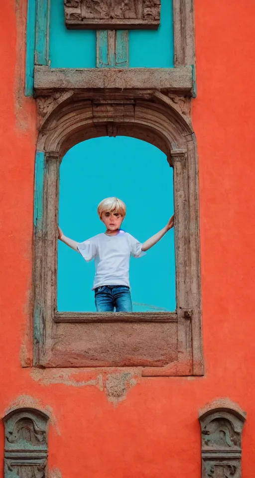 Image similar to blonde boy hanging out the window of pastel red ancient spanish architecture, teal sky behind the building, beautiful, minimalistic, aesthetic, two tone, photorealistic