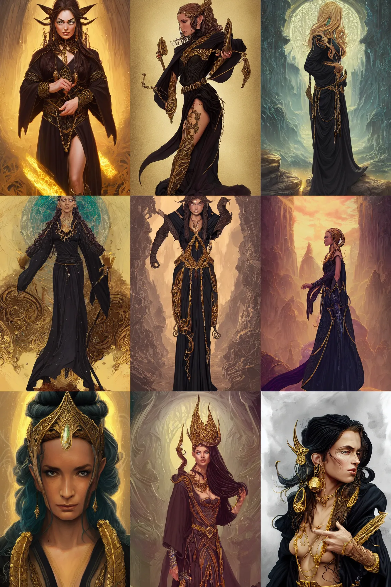 Prompt: half elf character in a black robe with golden accessories. Braided hair and large earrings. fantasy character, detailed illustration, hd, 4k, digital art, overdetailed art, concept art, y Dan Mumford and Peter Mohrbacher, complementing colors, Trending on artstation, deviantart