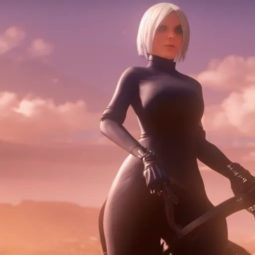 Prompt: Film still of 2B nier automata wearing skintight clothes riding a horse, from Red Dead Redemption 2 (2018 video game), trending on artstation, artstationHD, artstationHQ