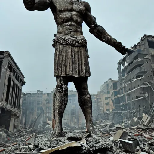 Image similar to statue of a warrior standing in the destroyed city, post apocalyptic scenery