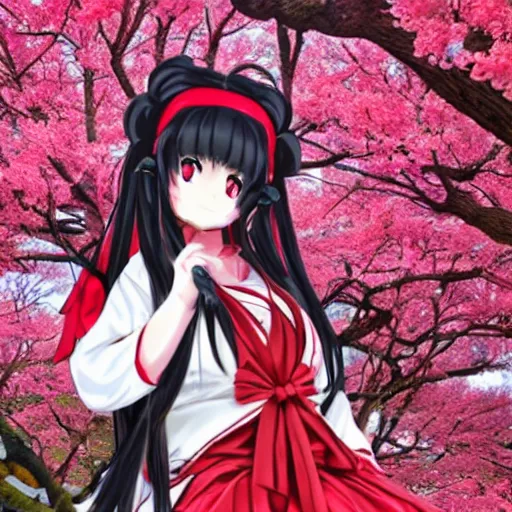 Prompt: Hakurei Reimu - anime girl in the middle of blossom trees