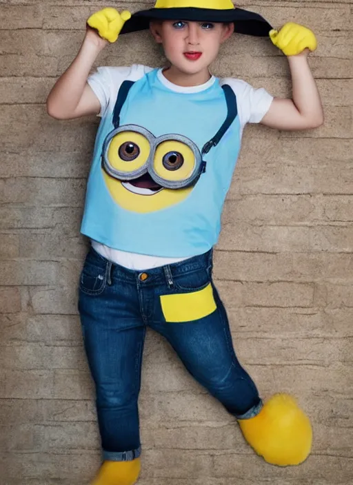 Image similar to minions-inspired fashion, high quality fashion model photo