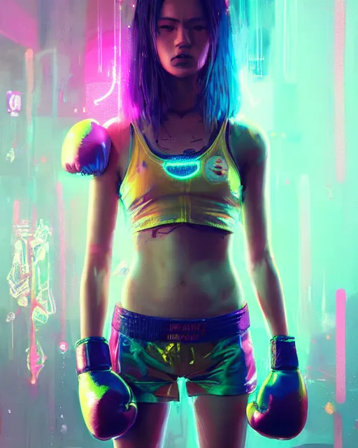 Image similar to detailed portrait Neon boxer Girl, cyberpunk futuristic neon, reflective crop top and shorts, boxing gloves, decorated with traditional Japanese ornaments by Ismail inceoglu dragan bibin hans thoma greg rutkowski Alexandros Pyromallis Nekro Rene Maritte Illustrated, Perfect face, fine details, realistic shaded, fine-face, pretty face