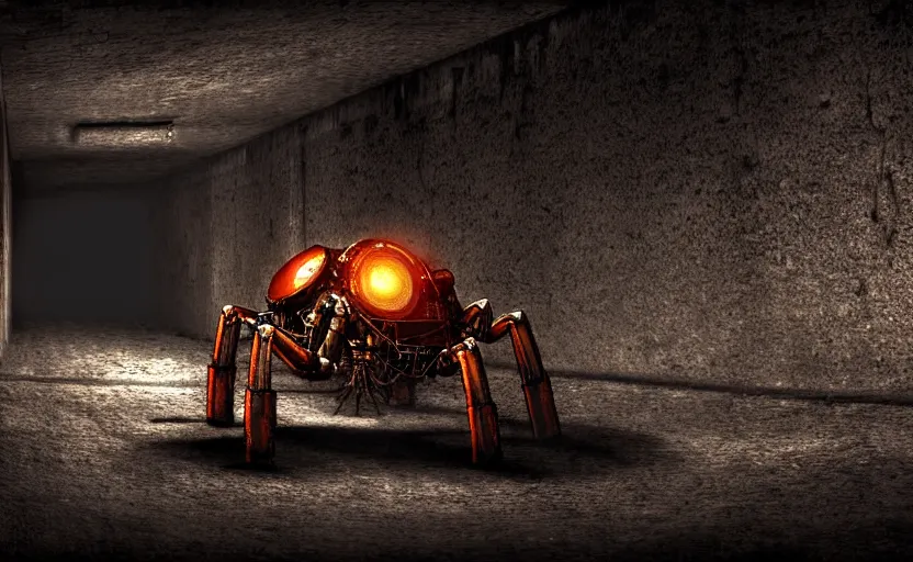 Image similar to mechanical spider in a large dimly lit sewer, ultra detailed digital art, fine drawing, hyper real, 4 k, moody lighting, warm colors