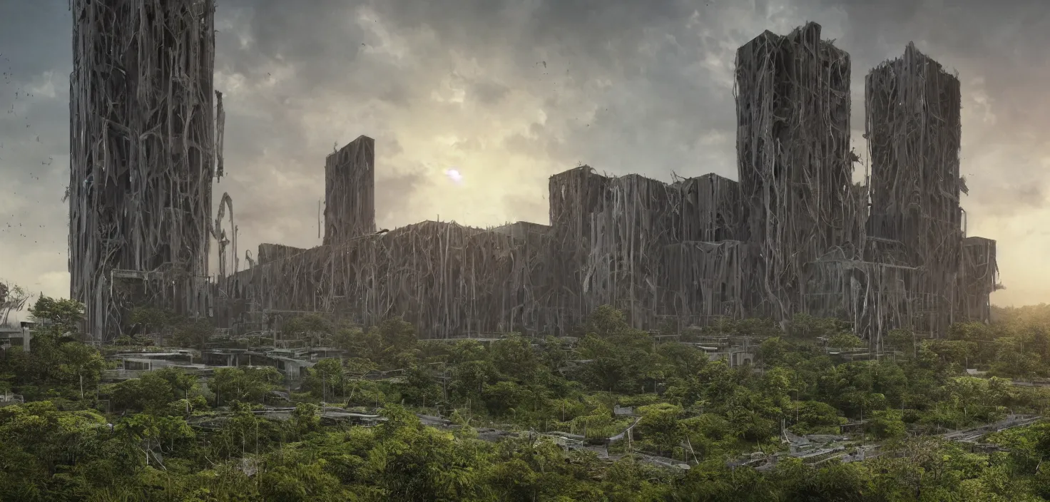 Image similar to an extremely detailed cathedral of brutalist architecture, surrounded by lush green vegetation, stunning volumetric lighting, sunset, rusted metal, concrete, translucent material, stunning skies, scattered rubbish and debris, 8k, photorealistic, hyper detailed, unreal engine 5, IMAX quality, cinematic, epic lighting, digital painting in the style of DOOM and Quake, by Greg Rutkowski, trending on Artstation