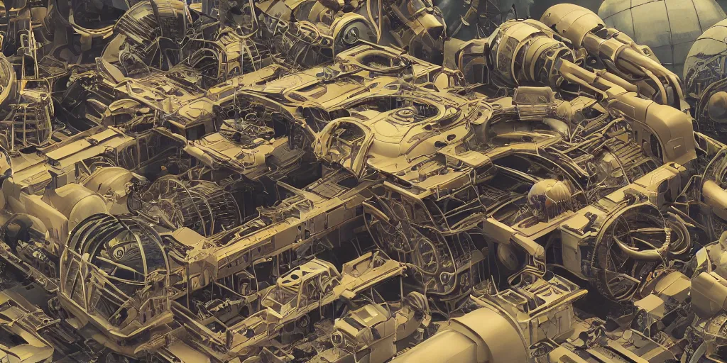 Image similar to collection of exploration of form and shapes, props, hard surface, panel, simon stalenhag, kitbash, items, gadget, big medium small, close up, vehicles, futuristic, parts, machinery, greebles, insanely detailed, case, hardware, golden ratio, wes anderson color scheme