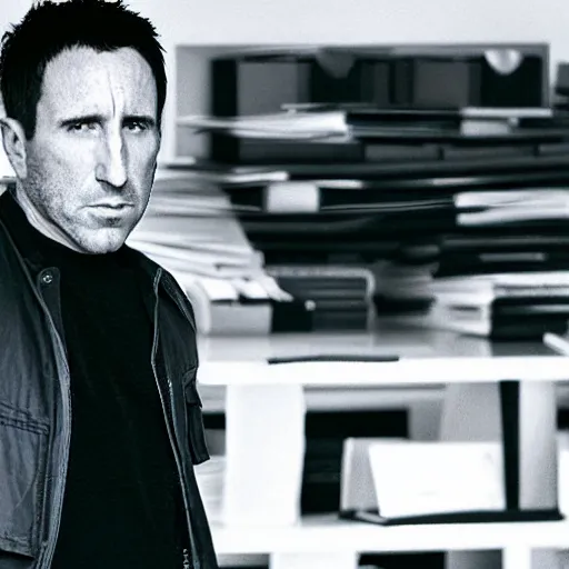 Image similar to trent reznor at the office, excited for the weekend