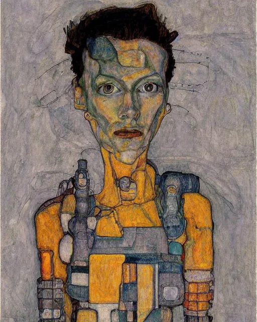 Image similar to portrait of a robot by egon schiele in the style of greg rutkowski