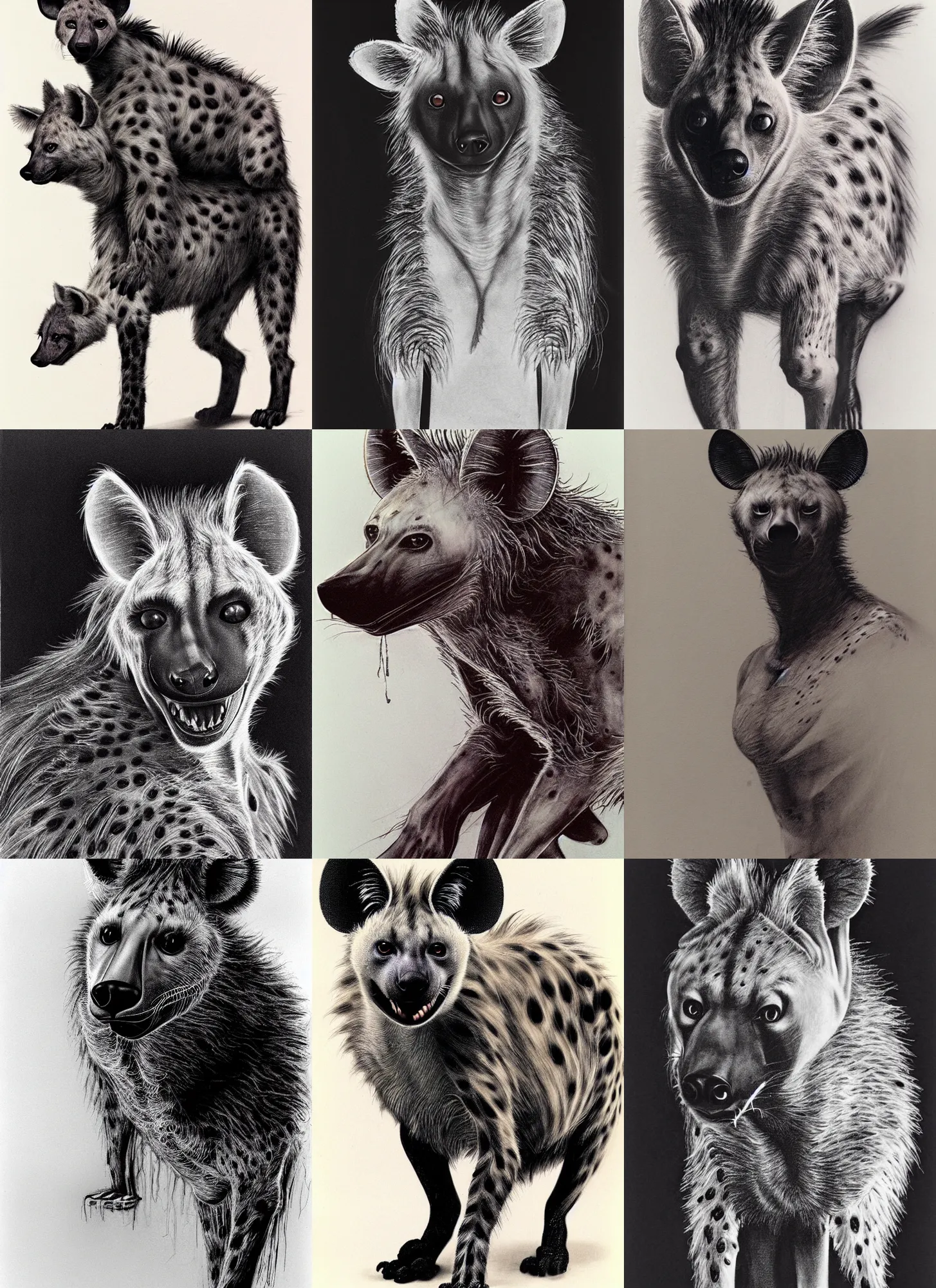 Image similar to fursona / furry, hyena, male, by stephen gammell