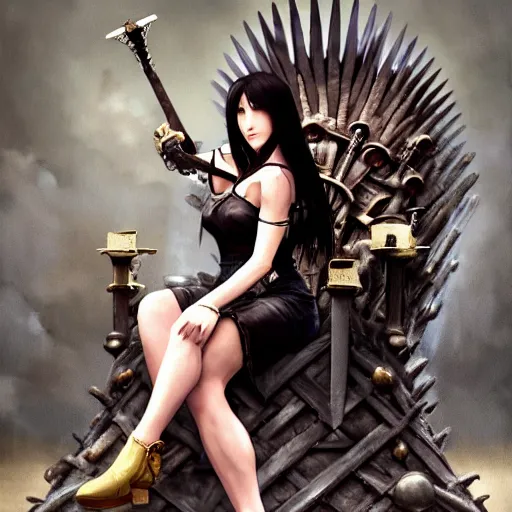 Image similar to a painting of tifa from final fantasy 7 in kings landing from game of thrones, sitting majestic on the iron throne, by greg rutkowski, artgerm, wlop, ruan jia, krenz cushart, alphonse mucha, marble, gold, unreal engine 5
