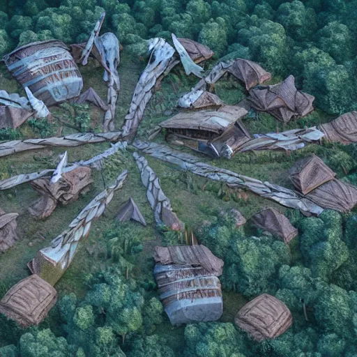 Prompt: A village of tribespeople that have constructed huts on a meteor crash site, aerial view, concept art, detailed