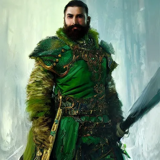 Prompt: A portrait of a king with short hair and a trimmed beard, dual wielding swords, wearing green dragon scale armor and a cheetah pelt cloak, fantasy, digital art by Ruan Jia, Donglu Yu