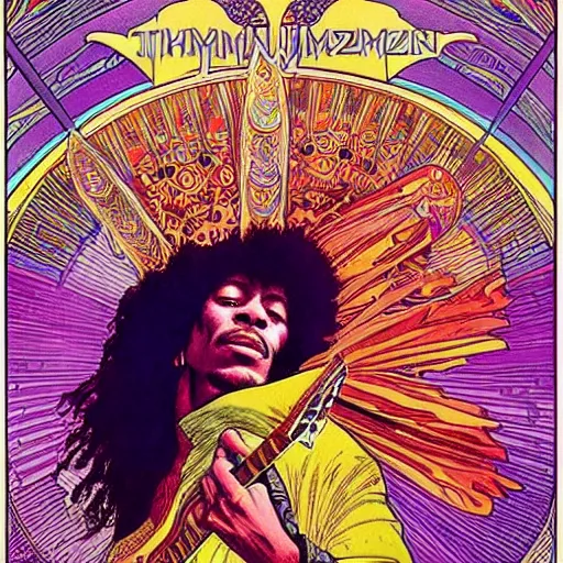 Prompt: colorfull artwork by Franklin Booth and Alphonse Mucha and Moebius showing a portrait of Jimi Hendrix as a futuristic space shaman